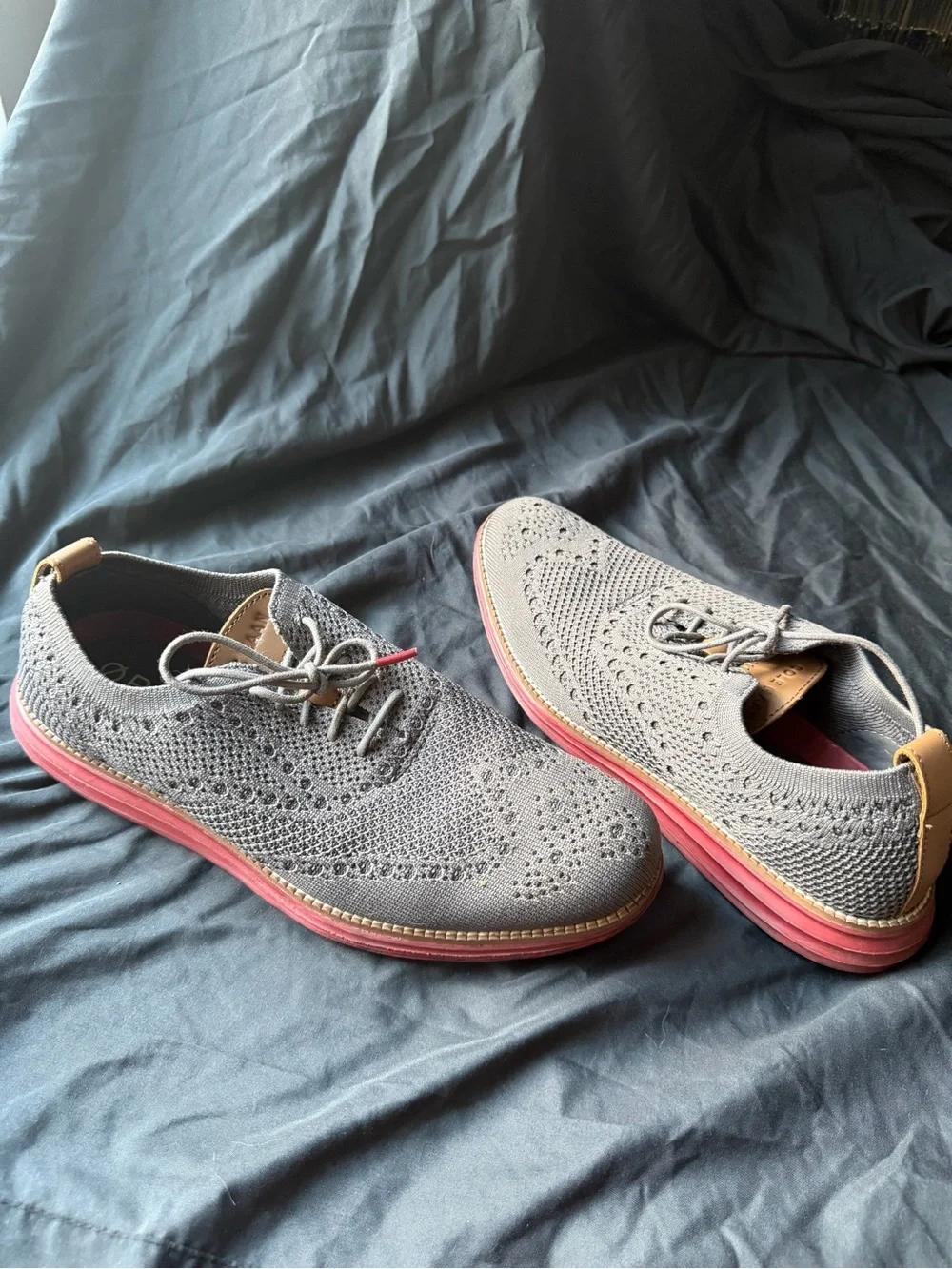 Cole Haan Grey Knit Wingtip Derby Shoes with Pink Sole
